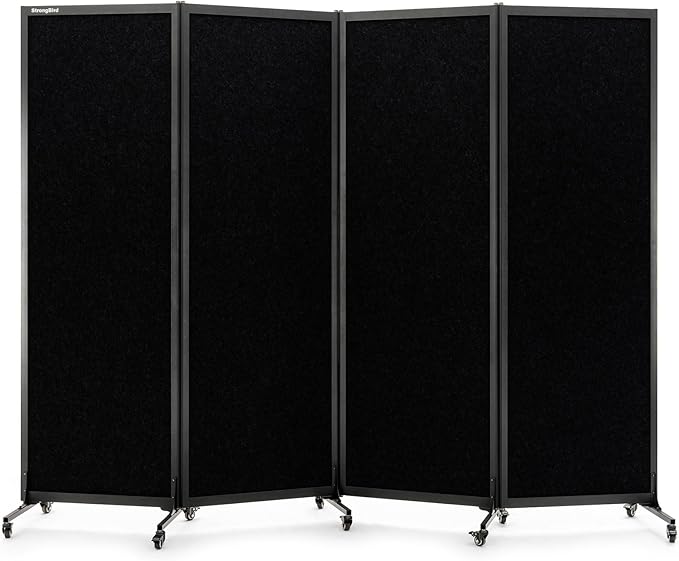 Upgrade Version Room Partition and Divider, Freestanding Rolling Dividers with Wheels,Office Privacy Screen Divider Wall,Classroom Felt Dividers,8'2"L* 6'7"H,4 Panel，Black-DeskLoop Office