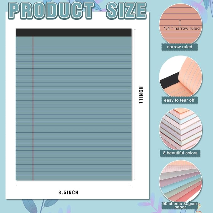 Fuutreo 8 Pcs 8.5'' x 11'' Colored Legal Pad Writing Pads Narrow Ruled 50 - Image 2