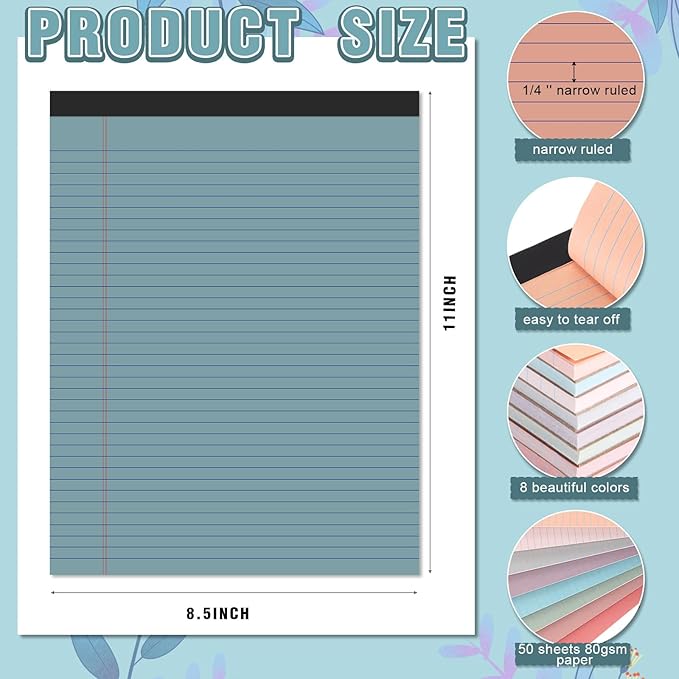 Fuutreo 8 Pcs 8.5'' x 11'' Colored Legal Pad Writing Pads Narrow Ruled 50 Sheets Per Notepad Perforated Writing Notepad Office Supplies for College Office Business (Vintage Color)-DeskLoop Office