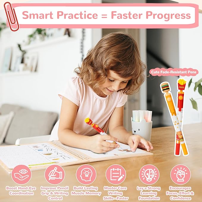 Large Size Grooved Writing Books for Kids Age 3-5 6-8, 8 Pack Magic Grooved Writing Practice Copybooks, Handwriting Prastice with Cute Fade-Resistant Pens, Workbooks Number Letter Tracing for Kids-DeskLoop Office
