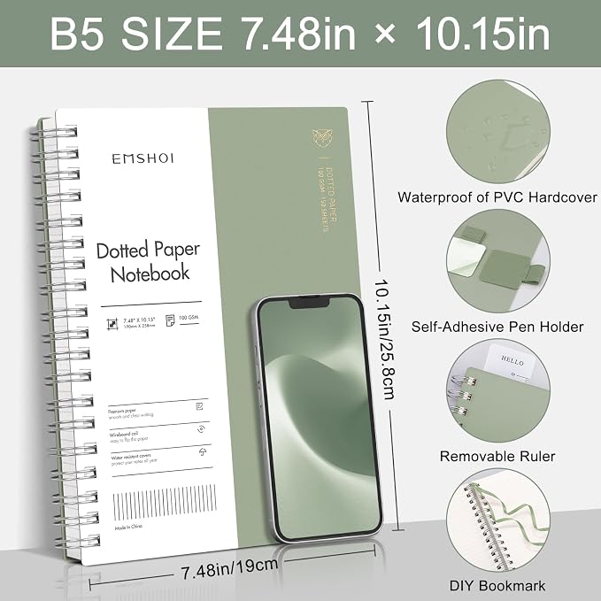 EMSHOI Spiral Notebook B5 Bullet Dotted journal, Dotted Grid Notebook - Image 2