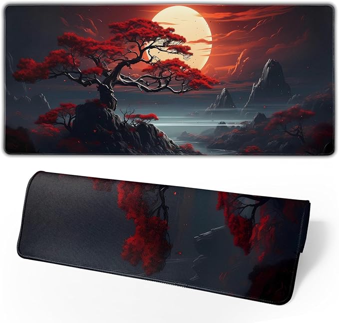 Darkness Red Moon Desk Mat Japanese Mouse Pad, Large Japanese Desk Mat by Brecoy