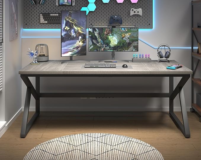 HSH 70 Inch Long Grey Desk, Large Home Office Computer Desk for 2 People, Industrial Wood and Metal Executive Work Writing Study Gaming Desk Table, Modern Bedroom Simple PC Laptop Desk Double Desk-DeskLoop Office