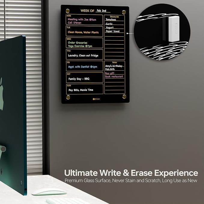 Black Glass Golden Weekly Dry Erase Calendar & Menu Whiteboard - Image 4