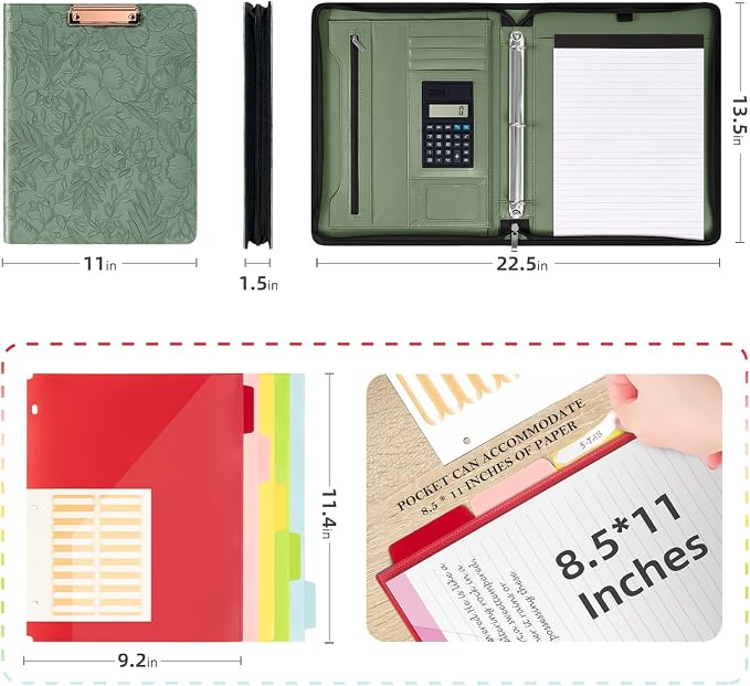 Ospelelf Green Leather Portfolio Binder 3 Ring, Zippered Clipboard Folder - Image 2