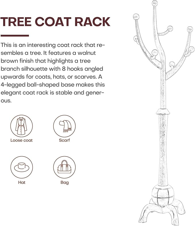 Coat Rack Freestanding Wood Tree Rack with 8 Hooks, Creative Design Tree Branch-look, Coat Tree Clothes Hanger Stand with Stable Sphere Base for Entryway, Hallway, Bedroom (Wine Red)-DeskLoop Office