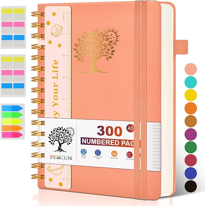 Spiral Notebook Journal for Women Men, 300 Numbered Lined Pages, College Ruled, A5 Hardcover Spiral Bound Notebook for School, Work, Note Taking Writing, Leather Spiral Journal Medium 5.9"x8.5"-DeskLoop Office
