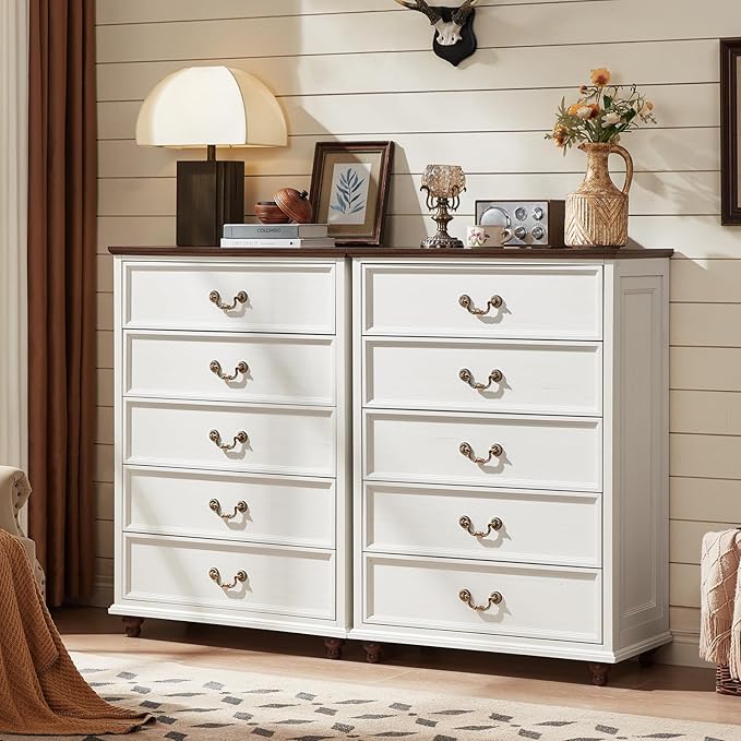 Farmhouse 5 Drawer Dresser Set of 2 for Bedroom, 45" Tall Rustic Chests of Drawers w/ 4 Solid Wood Feet, Mid Century Vintage Wooden Closet Storage Dressers Organizer for Living Room, White-DeskLoop Office