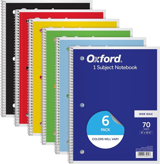 Oxford Spiral Notebook, 6 Pack, 1 Subject, Wide Ruled Paper, Notebooks by Oxford