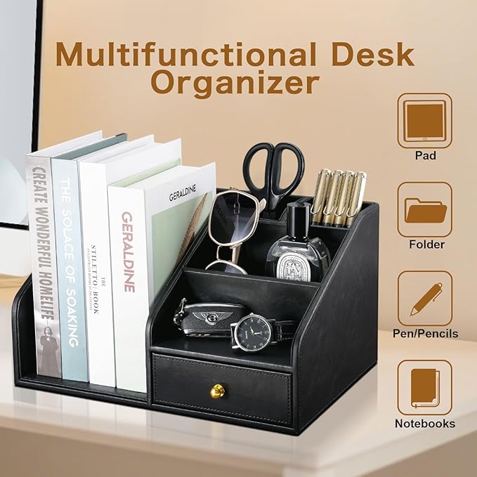 KINGFOM PU Leather Desk Organizer, Multifunction 6 Compartment Desk Organizers and Accessories for Office Supplies, Pen Pencil Holder/Book Mail Organizer Holder for Desk with Drawer(Black)-DeskLoop Office