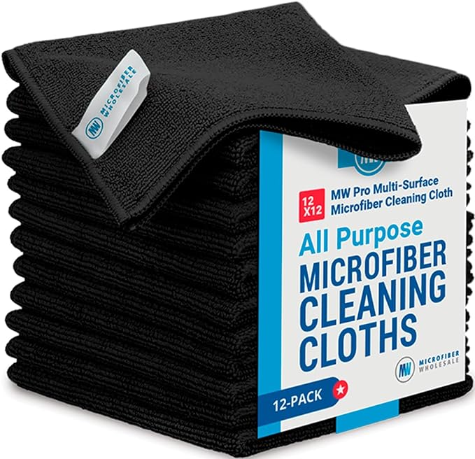 12" x 12" Pro Multi-Surface Microfiber Cleaning Cloths | Black - 12 Pack | Premium Microfiber Towels for Cleaning Glass, Kitchens, Bathrooms, Automotive, Supplies & Products-DeskLoop Office