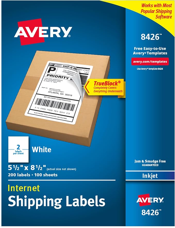 Avery Half-Sheet Printable Shipping Labels, 5.5" x 8.5" Customizable Stickers by Avery