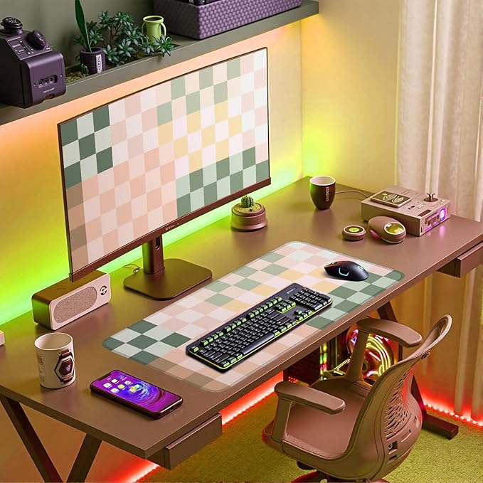 Checkered Desk Mat Cute Pink Pastel XXL Large Mouse Pad Aesthetic Boho Desk Pad - Image 4