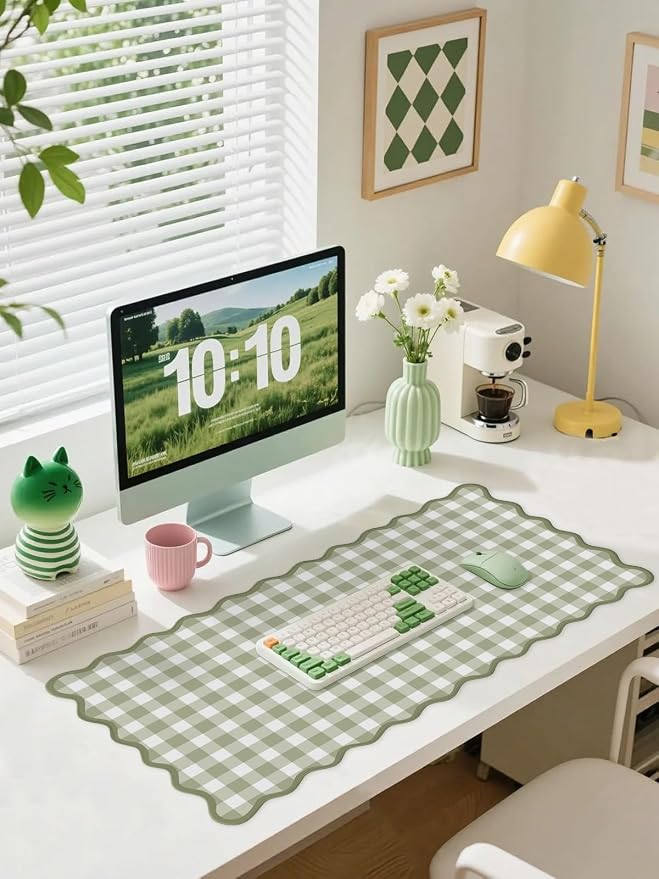 Scalloped‌ Green Checkered Desk Mat Cute Pastel Large Gaming Mouse Pad Gingham - Image 2