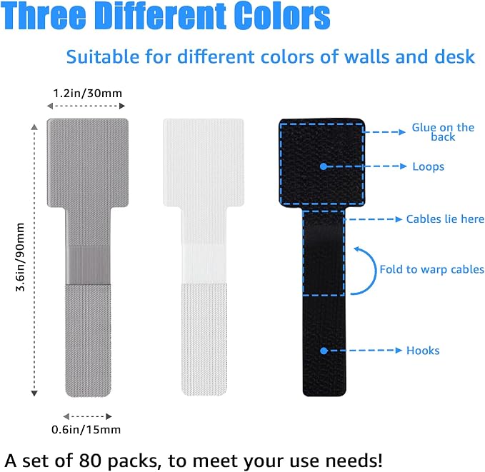 80PCS Hook and Loop Cable Ties, Under Desk Cable Management, Adhesive Cable - Image 3