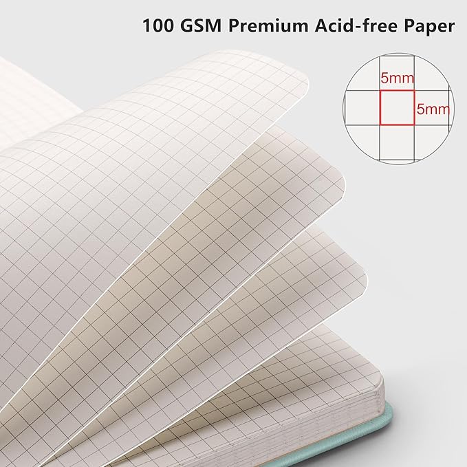 RETTACY Graph Grid Paper Notebook, 192 Pages, A5 Medium Size (5.7'' x 8.3''), 5 Squares per Inch, Leather Hardcover, 100 GSM Thick Paper, for School, Students, Math, Engineering (Blue-gray)-DeskLoop Office