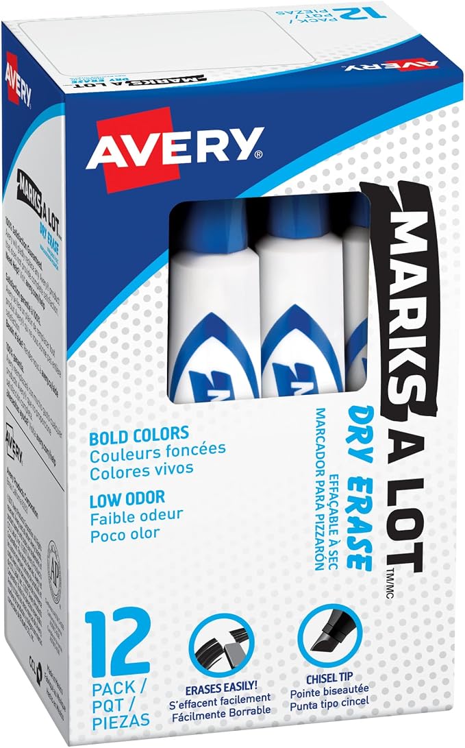 Avery Marks A Lot Dry Erase Markers, Low Odor, Chisel Tip, 12 Blue Whiteboard by Avery