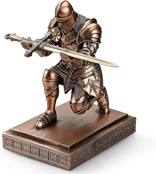 Medieval Armored Warrior Knight Pen Holder Desk Organizers and Accessories Resin Pencil Holder Paperweight as Gift with a Cool Letter Opener for Desk (Copper)-DeskLoop Office