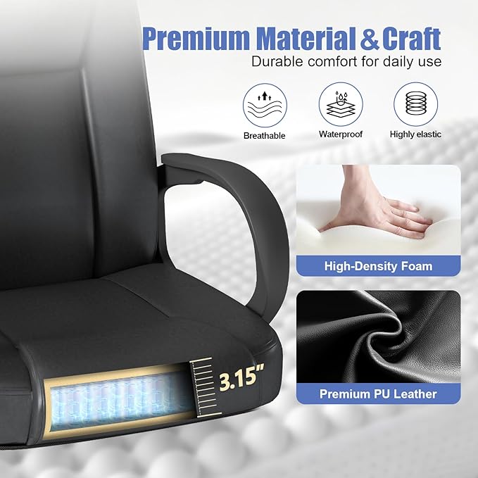 ZZH Executive Office Chair, Leather Desk Computer Chair with Armrests, Mid-Back Swivel Adjustable for Home Office, 2PC, Black-DeskLoop Office