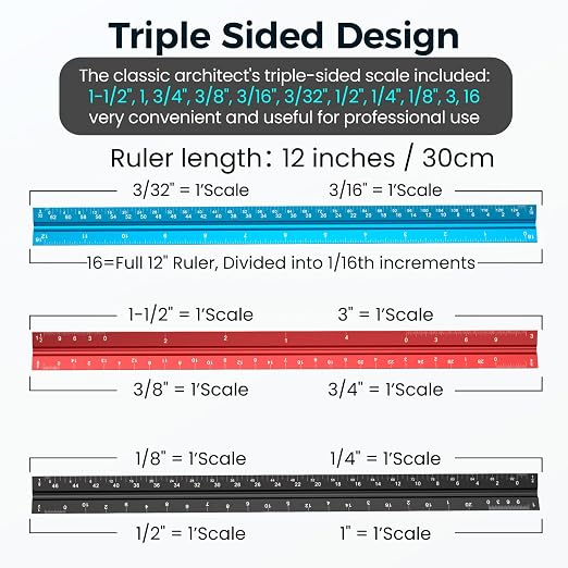 Rena Chris 2PCS Architectural Scale Ruler: 12" Imperial Aluminum Alloy Metal - Image 4