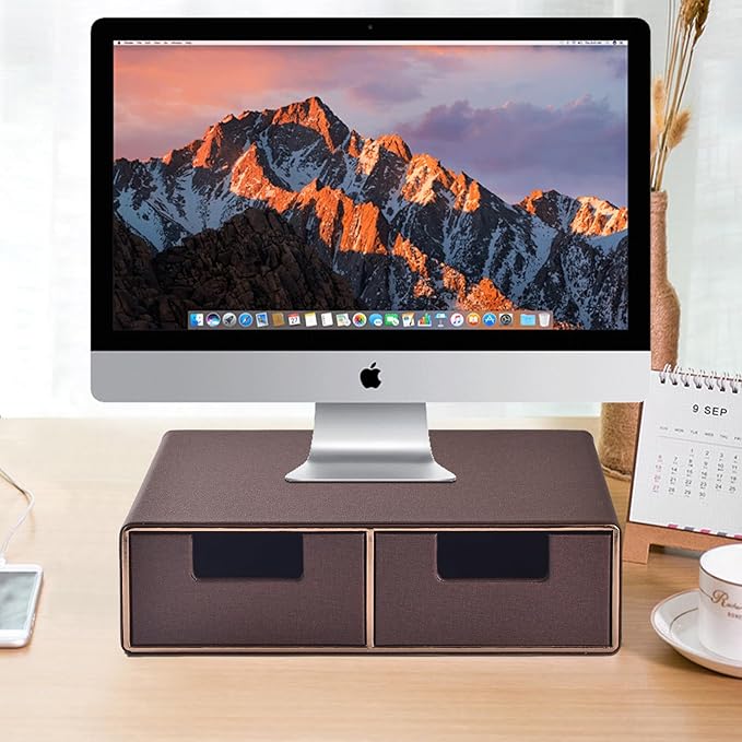 Linen Leather Desk Organizer and monitor stand with Drawers－Mini Desktop Drawer Organizer Stackable－Tabletop Organization Storage Box for Office Supplies Home Vanity Toiletries (Brown, 2-drawers)-DeskLoop Office