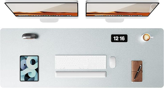 YSAGi Leather Desk Pad Protector, Office Desk Mat, Large Mouse Pad, Non-Slip PU Leather Desk Blotter, Laptop Desk Pad, Waterproof Desk Writing Pad for Office and Home (Silver, 47" x 17")-DeskLoop Office