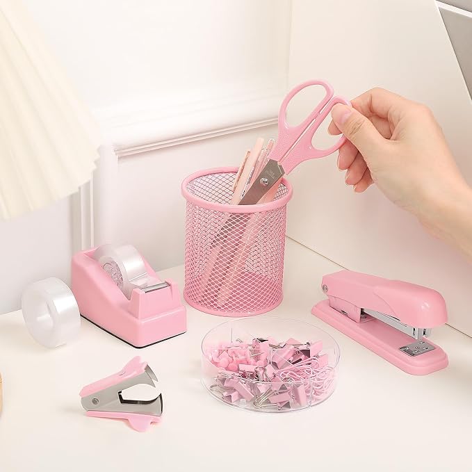 SKYDUE Pink Office Desk Accessories, Tape Dispenser, Clips and 1000pcs Staples - Image 5