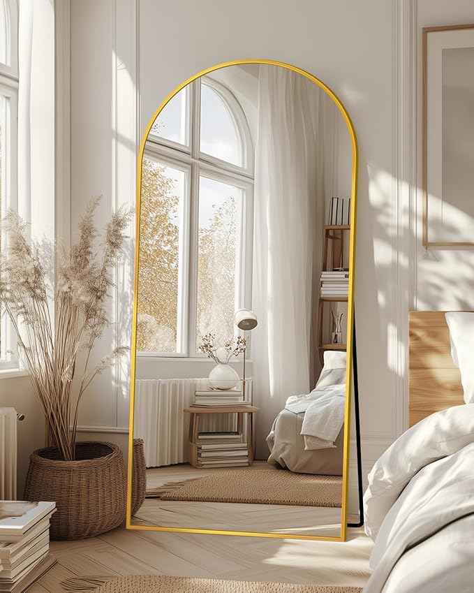 Full-Length Floor Mirror with Stand, 68"x26" Arched Style Full Body Standing Mirror for Bedroom, Living Room, Gym, Dorm - Shatter-Resistant & Easy Assembly, Gold-DeskLoop Office