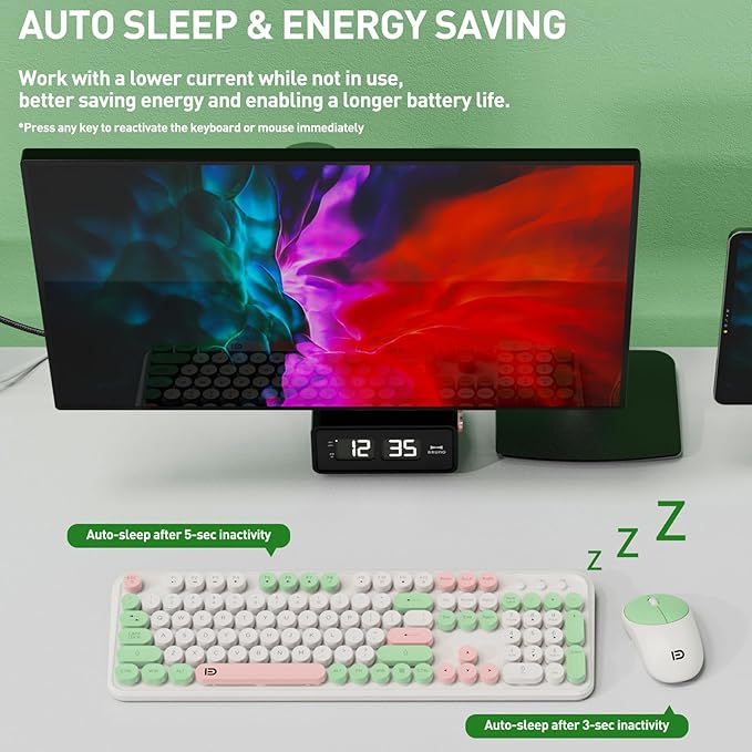 Keyboard and Mouse Wireless,2.4Ghz Retro Typewriter Style Round Keycap,Full Size Wireless Keyboard Mouse Combo,Cute Cordless Keyboard Mouse Set for PC Laptop Desktop Computer-Milk White Green Colorful-DeskLoop Office