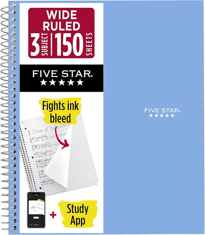 Five Star Spiral Notebook + Study App, 3 Subject, Wide Ruled Paper, 150 Sheets by FiveStar