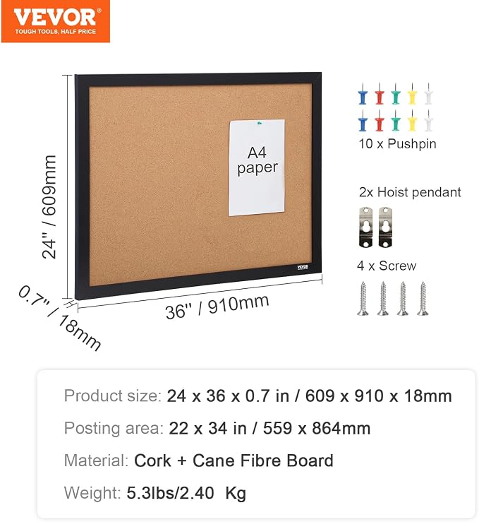 VEVOR 24 x 36 Cork Board, Large Bulletin Board - Image 7