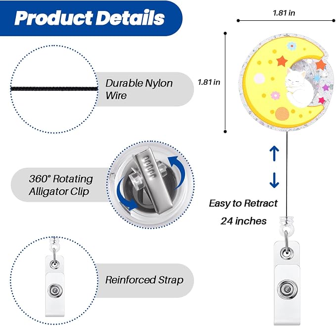 Funny Crescent Sleeping Cat Moon Nurse Badge Reel, Cute Retractable ID Badge - Image 3
