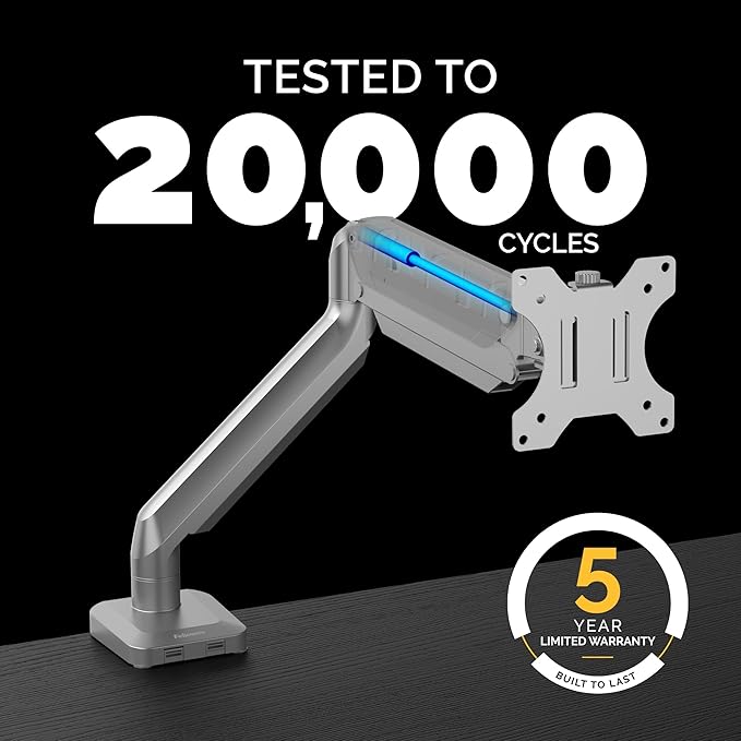 Fellowes Platinum Series Single Monitor Arm for 40-Inch Monitors, Full Motion, 360° Rotation, VESA Mount with Grommet or Clamp, USB Ports, Ergonomic, Silver, 8056401-DeskLoop Office