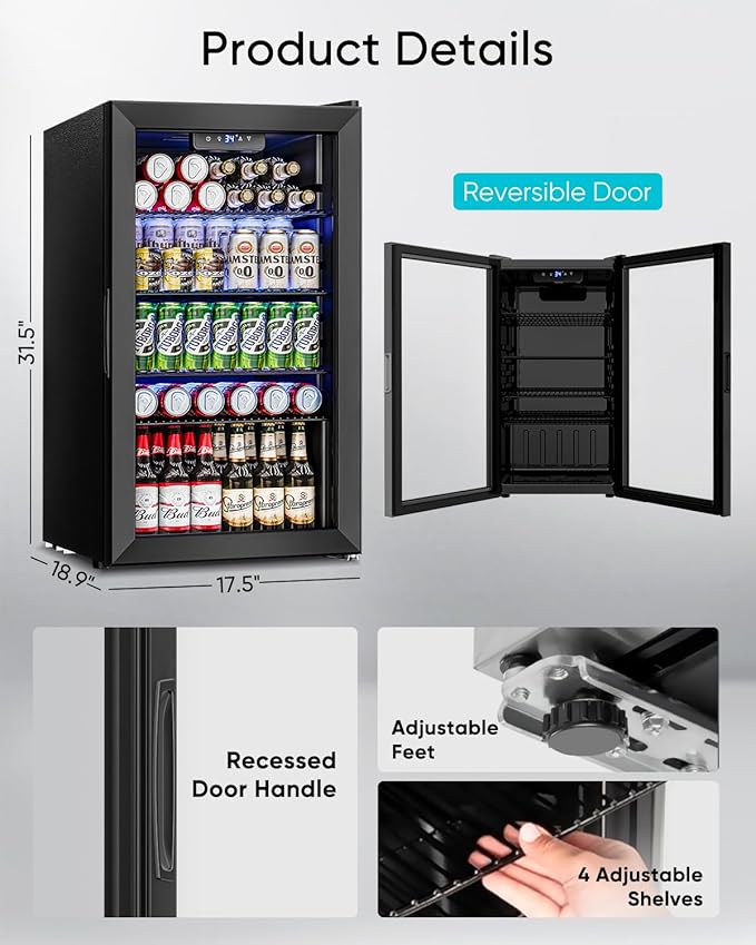 3.2 Cu.Ft Mini Fridge with Glass Door - 126 Can Beverage Refrigerator Cooler for Drink Beer Wine Soda, Small Fridge for Bedroom Office Bar Dorm, 4 Adjustable Shelves, Black-DeskLoop Office