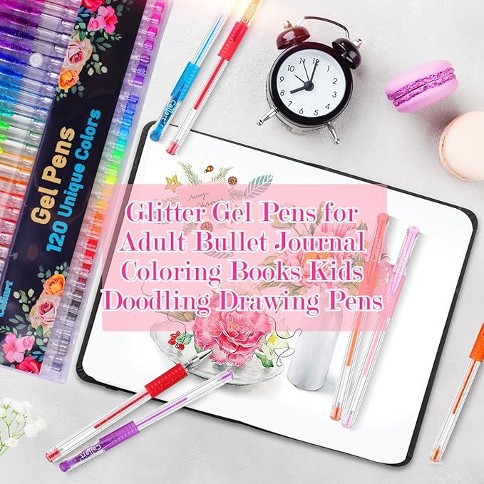 120 Color Gel Pens, 40% More Ink Fine Point Colored Pens, Neon Glitter Gel Pens for Adult Coloring Book, Drawing, Doodling, Scrapbook, Journaling, Sparkle Pen Gift for Kids-DeskLoop Office