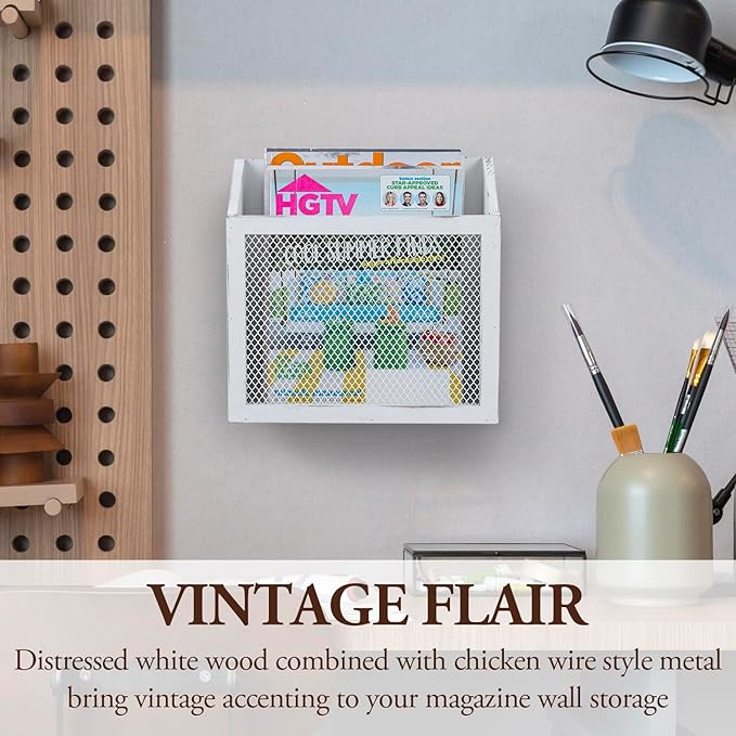 MyGift Rustic Magazine Holder Vintage White Wood and Chicken Wire Design Wall Mounted/Tabletop Mail Sorter, Farmhouse Home, Bathroom, Office Magazine Rack-DeskLoop Office