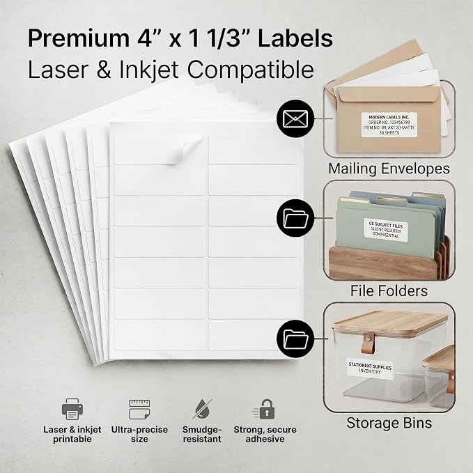 4" X 1.33" Matte White Printable Address Labels Mailing Labels - Image 2