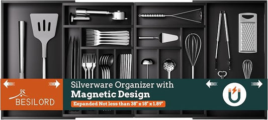 Silverware Organizer Large, Magnetic Connected Expandable 13 Slots Silverware by Besilord