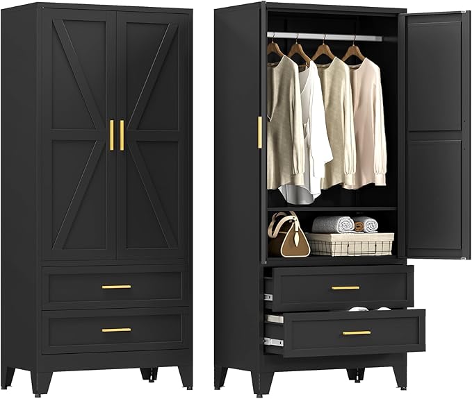 Farmhouse Wardrobe Cabinet with 2 Drawers,Metal Wardrobe Closet with Hanging Rod,Metal Armoire with Adjustable Shelves for Bedroom,Living Room, Cloak Room,Office (Blakc)-DeskLoop Office