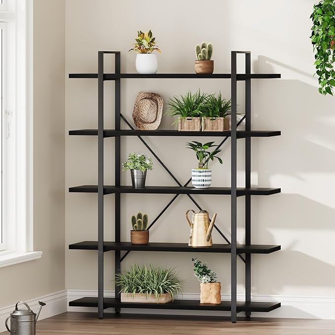 HSH 5 Tier Tall Black Bookshelf, Wood and Metal Storage Book Rack, Industrial Modern Etagere 5 Shelf Bookcase, Large Wide Open Display Book Shelf for Bedroom Living Room Office, Bookshelves Heavy Duty-DeskLoop Office