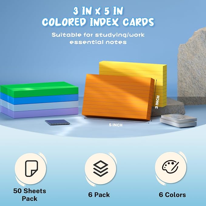 300 Count Colored Index Cards 3x5, 6 Bright Colors Note Cards, Flashcards - Image 2