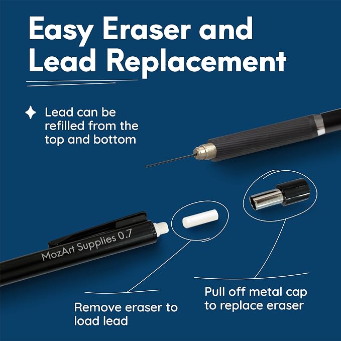 MozArt Mechanical Pencil 0.7mm Set 2x30 HB Lead & Eraser Pen Refills | Metal - Image 3