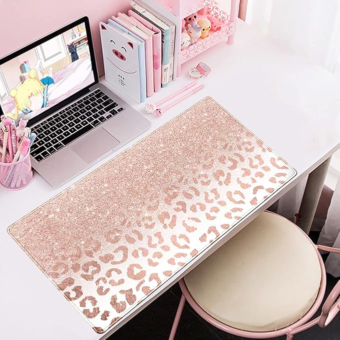 Desk Mat XXL Mouse pad, Pink Rose Gold Leopard Print Office Supplies and Accessories Decor for Women 31.5X15.75in,Stitched Edges Smooth Non-Slip Bottom, Large pad-DeskLoop Office