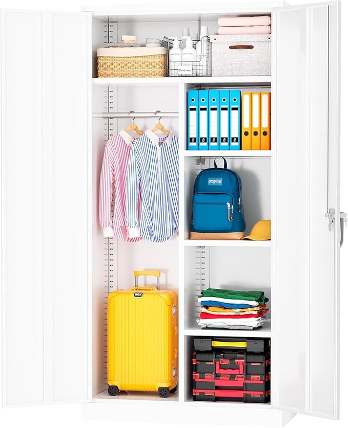 INTERGREAT Metal Storage Cabinet,Armoire Wardrobe Closet with 4 Adjustable Shelves and Hanging Rod,Metal Wardrobe Cabinet with Lockable Doors for Home Office,Warehouse,Garage,White-DeskLoop Office