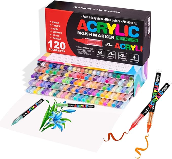120 Colors Acrylic Paint Markers Set, Soft Brush Tip Pens for Rock, Wood, Canvas, Glass, Ceramic, Fabric, DIY Craft Projects – Waterproof, Quick-Dry, Vibrant Ink for Artists & Beginners-DeskLoop Office