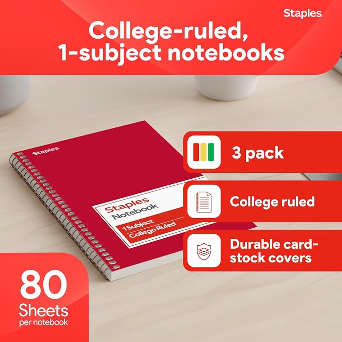 STAPLES 1‑Subject Spiral Notebook, College Ruled, 80 Sheets - Image 2