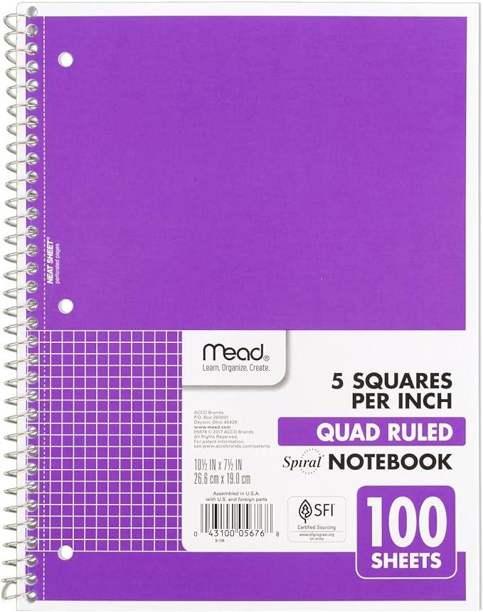 Mead Spiral Notebook, 1 Subject, Graph Ruled Paper, 7-1/2" x 10-1/2", 100 Sheets by Mead