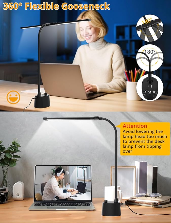 Desk Lamp with Dual Head & 10W Smart Dual USB Charging Port 5 Color Modes Dimmable Reading Light 2600 Lumens 12W Table Lamp for Bedside Office, Adapter Include-DeskLoop Office