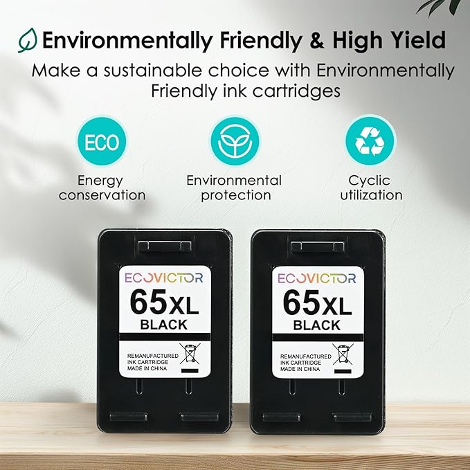 EcoVictor Remanufactured 65XL Ink Cartridges Replacement for HP 65 XL Black Ink Cartridge HP65 HP65XL Compatible Envy 5000 5055 5052 5010 5070 DeskJet 3755 3700 3772 3720 3752 2600 2622 2652 (2 Black)-DeskLoop Office