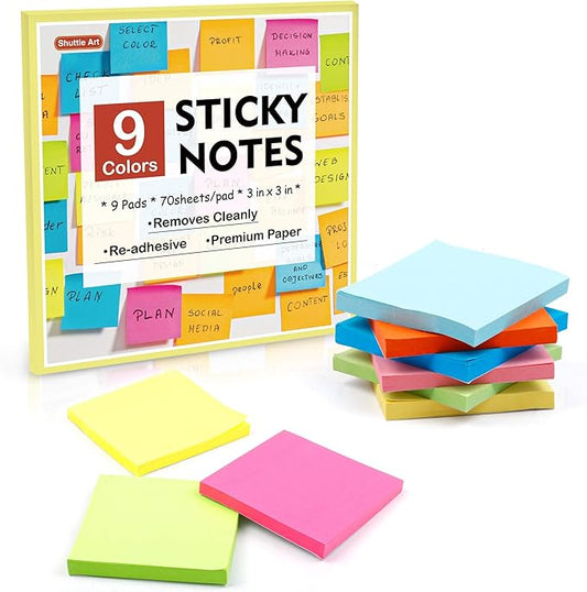 Sticky Notes, Shuttle Art 9 Bright Colors Stickies, 9 Pads 630 Sheets Total, 3x3 Inches Self-Stick Pads for Home, School, Office-DeskLoop Office